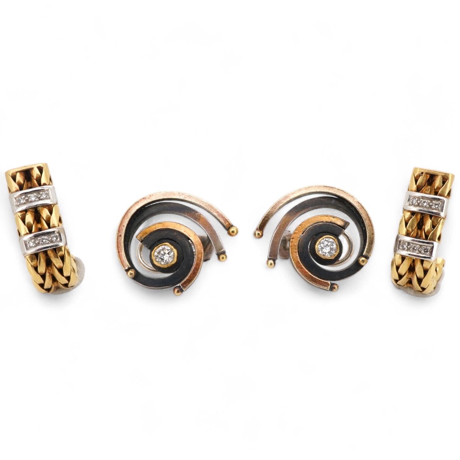 Two pairs of diamond earrings, comprising: one pair of woven design, set with brilliant-cut diamonds totalling approximately 0.10 carats, mounted in bicoloured 18ct gold, length 2.4cm each, post fittings, British hallmar